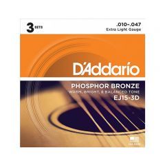D'Addario EJ15-3D Phosphor Bronze Extra Light Acoustic Guitar Strings 3-Pack - 10 - 47
