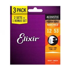 Elixir Phosphor Bronze Nanoweb Acoustic Guitar String 3-Pack - .012- .053